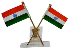 Metal Statue India Flags With Emblem: Showpiece For Car Dashboard Or Office Table (12670B)