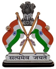 Wooden Statue India Flags And Satyamev Jayate: 2 Sided Display Showpiece For Car Dashboard Or Office Table (12670A)