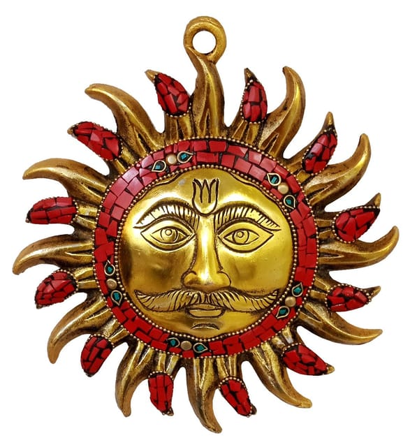 Metal Idol Sun God Sooraj Surya Devta: Gold Finish Hanging Statue With Gemstones Overlay (12669)