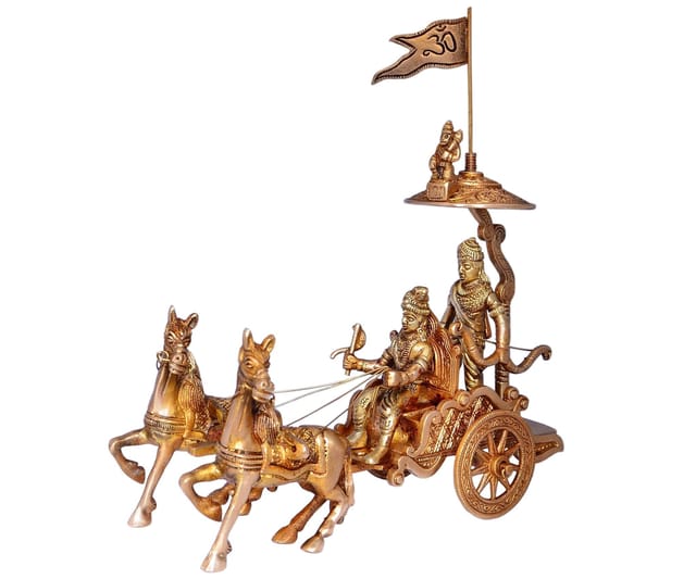 Mahabharat/Geeta Arjun Chariot (Rath) With Krishna & Hanuman: Sculpted In Solid Brass Metal (10670)