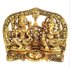Metal Statues Ganesha-Lakshmi with Deepak: Exquisite Idols in Golden Finish for Home Temple (11545)