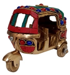 Brass Figurine Vintage Auto Rickshaw Tuk Tuk: Gemstone Overlay Collectible Showpiece Miniature (10508)