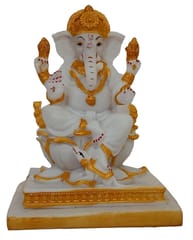 Resin Idol Ganesha Siddhi Vinayak On Lotus: White Marble Finish Statue With Gold Touches (12660)
