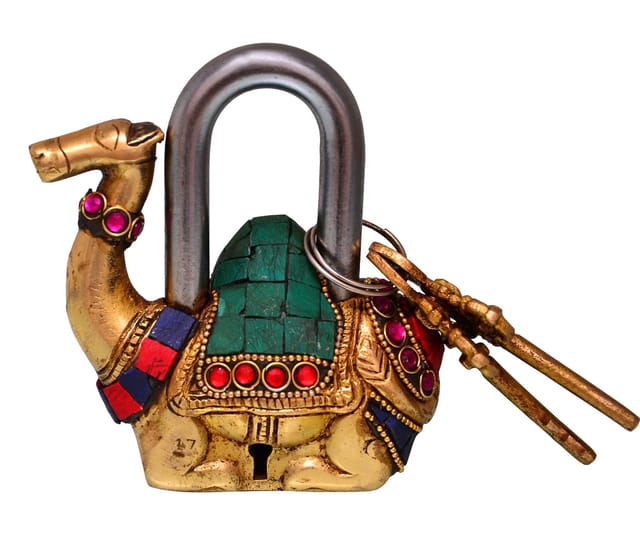Camel Shaped Brass Padlock : Handmade Antique Design With Colorful Gemstone Work (10685)