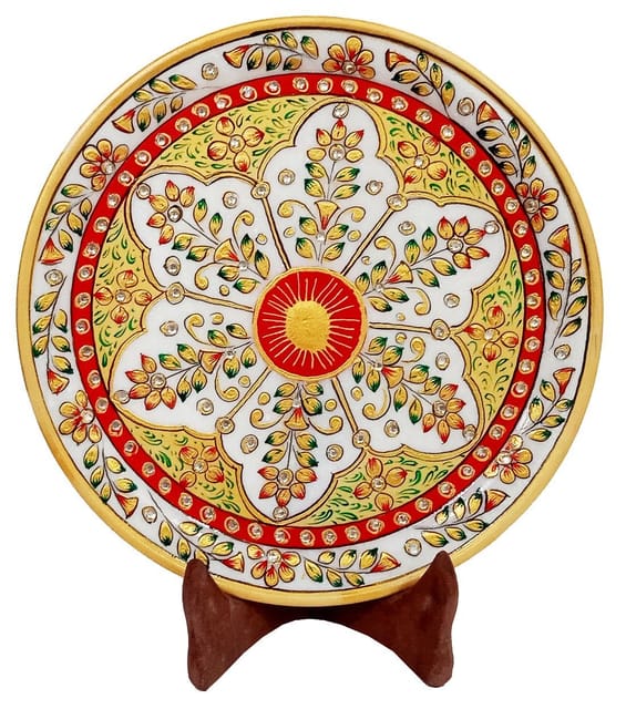 Indian gift : Handpainted Marble plate with wooden stand in a classy Velvet box (10557)