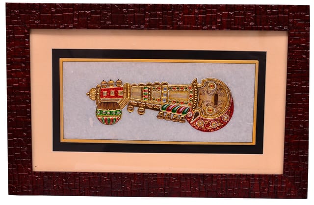 Marble tile painting of musicial instrument, framed to perfection, Handpainting with gold work (10570)