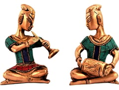 Brass Statue Set: Folk Musician Figurines with Gemstones; Comtemporary Decor Gift Souvenir (11192)