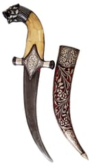 Collectible Dagger: Antique Tiger Design Camel-bone Hilt, Damascus Steel Blade, Hand-Engraved Scabbard, 12 inches (A20044)