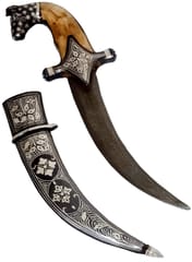 Vintage Dagger Knife: Antique Horse Design With Camel-bone Chips Hilt, Damascus Steel Blade, Silver Inlay Scabbard, 12 inches (A20015)
