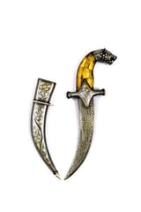 Vintage Dagger Knife: Antique Tiger Design With Camel-bone Chips Hilt, Damascus Steel Blade, Silver Inlay Scabbard, 12 inches (A20013)
