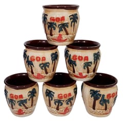 Ceramic Kulhar Cups Goa Beach: Indian Souvenir Memorabilia Set Of 6 Small Mugs (10044)