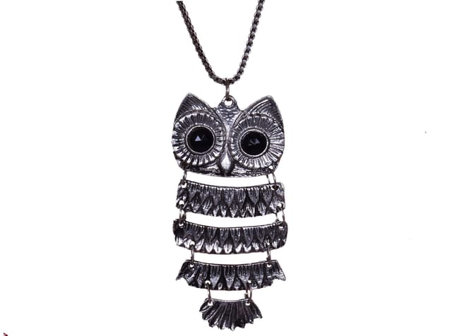 Funky Necklace with long chain for girls, Oxidised Metal Owl Pendant (30027)