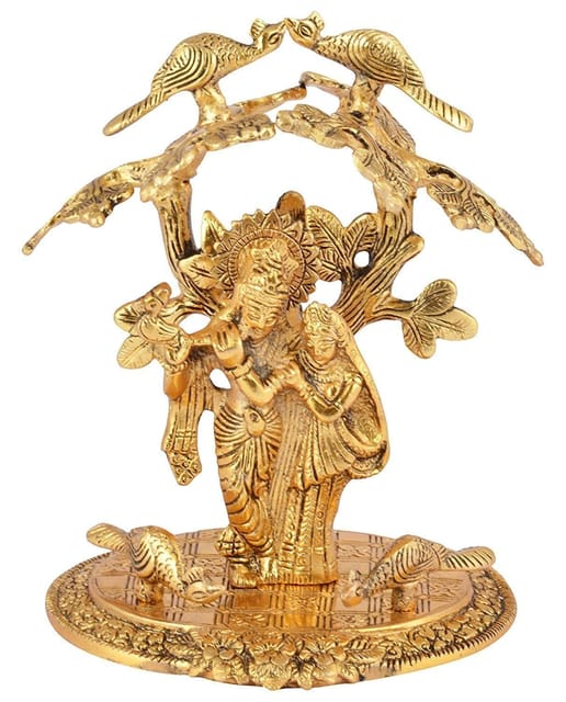 Janamashtmi Special Radha Krishna Statue Under Tree in White Metal with golden polish, Unique D?cor Indian Gift (10926)
