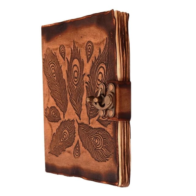 Leather Journal (Diary Notebook) 'Peacock Feathers': Handmade Fire Burnt Paper In Deckle Edge Leather Cover With Unique Brass Lock For Corporate Gift Or Personal Memoir (11121)