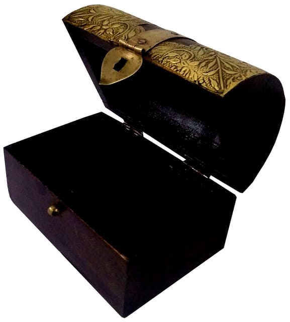 Vintage Trunk shaped Wooden Jewelery Box With Brass Sheet Cover; Wedding Anniversary Gift (10760)