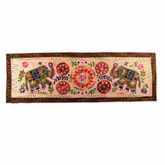 Finely Embriodered Indian vintage Small Tapestry Table Runner Wall Hanging Cotton Wall Decor "Trumpeting Elephants" (11272)