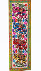 Cotton Tapestry 'Elephant Jambooree': Vintage Embroidery Table Runner Or Wall Hanging (11356)