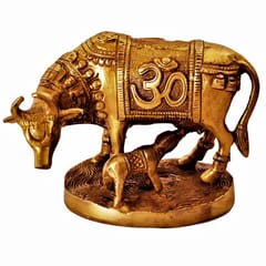 Brass Idol Kamdhenu Wishing Cow and Calf with Auspicious Om & Swatika Symbols: Good Luck Charm Decor Gift (11385)