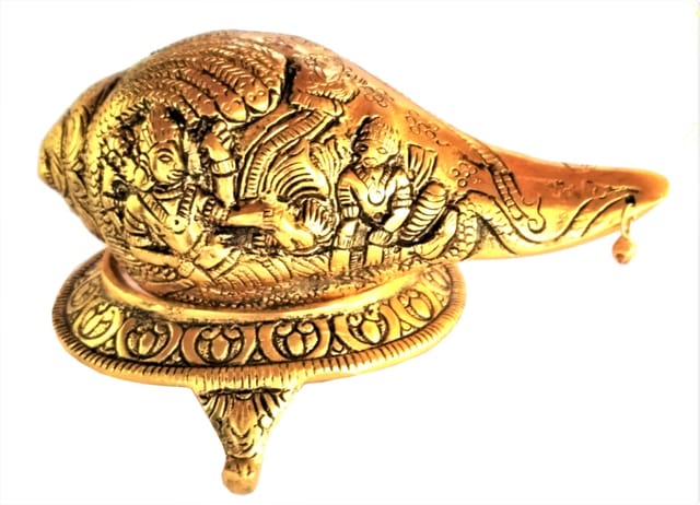 Metal Conch Shankha on Tortpise Plate: Rare Collection Lakshmi-Vishnu Idol (11540)