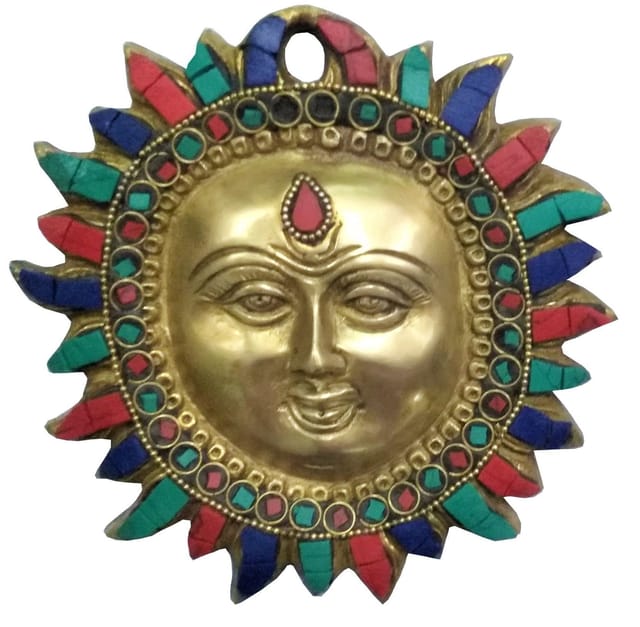 Brass Idol Sun God Surya Dev: Wall Hanging with Colorful  Gemstones (11447)