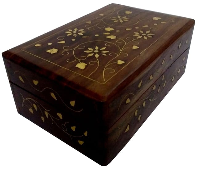 Wooden Box with Brass Inlay 'Royal Treasure': For Jewelry, Trinkets, Cards, or Tea Bags (11874)