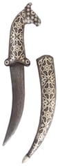 Vintage Dagger Knife: Horse Hilt, Damascus Iron Blade, & Silver Wire Koftgari Sheath (A20009)