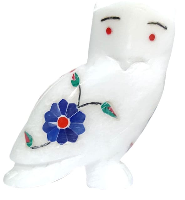 Marble Statue 'Ogling Owl': Gemstone Inlay Collectible Showpiece Gift (12111)