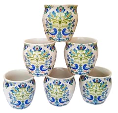Ceramic Designer Kulhar Cups Colorful Peacocks: Indian Ethnic Souvenir Memorabilia Set Of 6 Mugs (12314)
