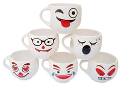 Ceramic Mug Set: 6 White Tea Coffee Cups In Facial Designs, Fun Party Gift (12311)