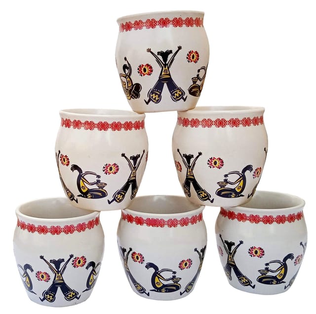 Ceramic Designer Kulhar Cups Folk Music: Indian Ethnic Souvenir Memorabilia Set Of 6 Mugs (12312)