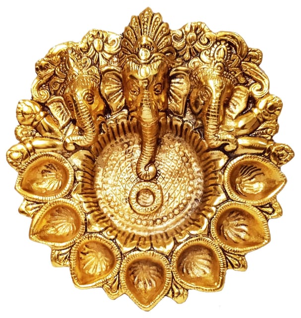 Metal Plate Puja Thali: 3 Ganesha & 7 Diya (12272)