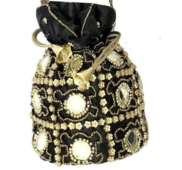 Potli Bag (Clutch, Drawstring Purse) For Women With Intricate Gold Thread & Sequin Embroidery Work (Black Color,11269)