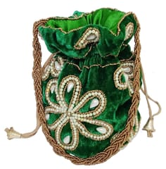 Chenille Potli Bag (Clutch, Drawstring Purse): Intricate Bead Work Satchel Handbag, Green (12396C)