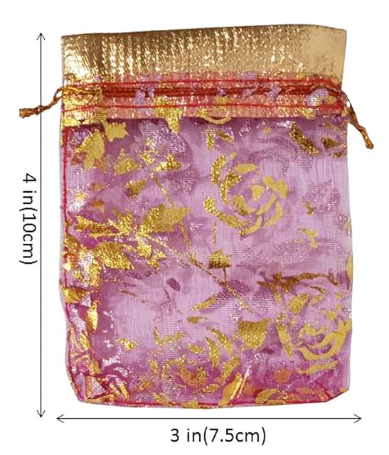 Polyester Net Brocade Gift Pouch, Fuschia Rani Pink, 4 Inches: Pack of 10 Potli Gift Bags (12437)