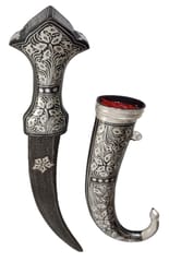 Medieval Jambiya Dagger: Antique Design Crown Hilt, Damascus Iron Blade, & Silver Wire Koftgari Sheath, 9 Inches (A20053)