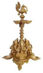 Brass Oil Lamp Kuthu Vilakku: Antique Design Royal Deepam Diya With 3 Ganesha, Parrots & Peacock (12033A)