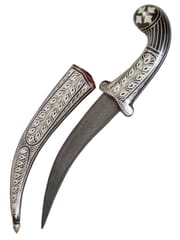 Antique Dagger Knife: Mace Hammer Design Hilt, Damascus Iron Blade, & Silver Wire Koftgari Sheath (A20052)