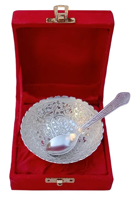 Metal Bowl Spoon Serving Set: For Dry Fruits, Sweets Or Candies, Silver Finish (12532A)