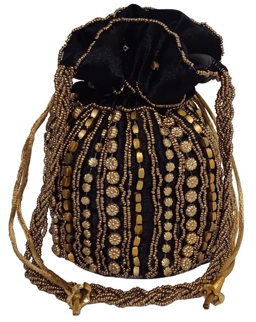 Potli Bag (Clutch, Drawstring Purse) For Women With Heavy Gold Sequin Embroidery Work, Black (12530C)