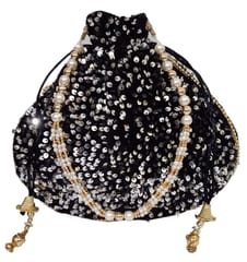 Blingy Shiny Chenille Potli Bag (Clutch, Drawstring Purse) For Women: Black Sequin Embroidery Work (12530B)