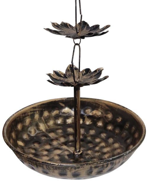 Metal Wall Hanging Urli (Uruli, Varpu) With Flower Design Chain: Vintage Finish Decorative Bowl For Floating Candles, Flowers, Petals Or Just Water (12597)