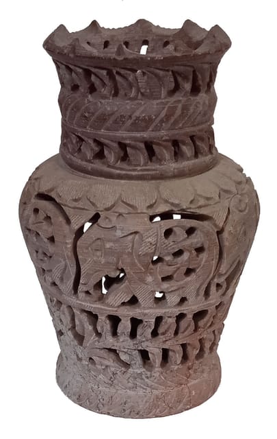 Stone Vase Flower Pot: Intricate Lattice Work Jali Carving, 4.5 Inch (12594)