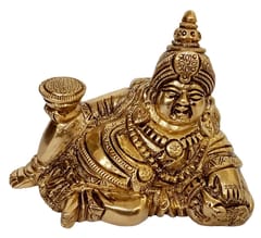 Brass Statue Kubera (Hindu God Of Wealth & Prosperity): Kuber Vaisravana Sarvanubhuti Idol In Resting Posture With Pot Of Gold Coins (12645)