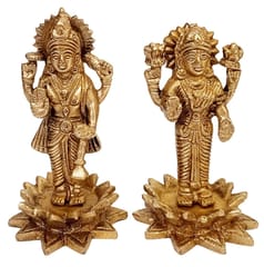 Brass Idols Vishnu Laxmi On Lotus: Glorious Statue Set For Home Temple Or Display Collection (12644)