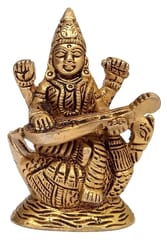 Brass Idol Saraswati (Saraswathi): Hindu Goddess Of Knowledge, Music & Art; Decor Statue (11006A)