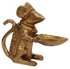 Brass Statue Ganesha Vahana Mooshak: Collectible Idol Mouse With Diya Lamp (12262A)
