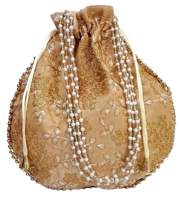 Silk Potli Bag (Clutch, Drawstring Purse): Intricate Gold Thread & Sequin Embroidery Satchel For Women, Golden (12602E)