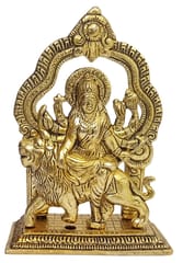 Metal Idol Durga Sherawali Ma: Golden Statue Sitting In Mandap Canopy (12626)