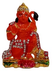 Metal Idol Hanuman Bajrangbali: Saffron Statue With Glittering Stones For Home Temple Or Car Dashboard(12627)