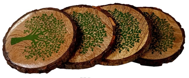 Wooden Coasters (Set Of 4) "tree of Life" Painting In Natural Mango Tree Bark: Rustic Dining Table Barware Gift; 5 Inches Each (11141A)